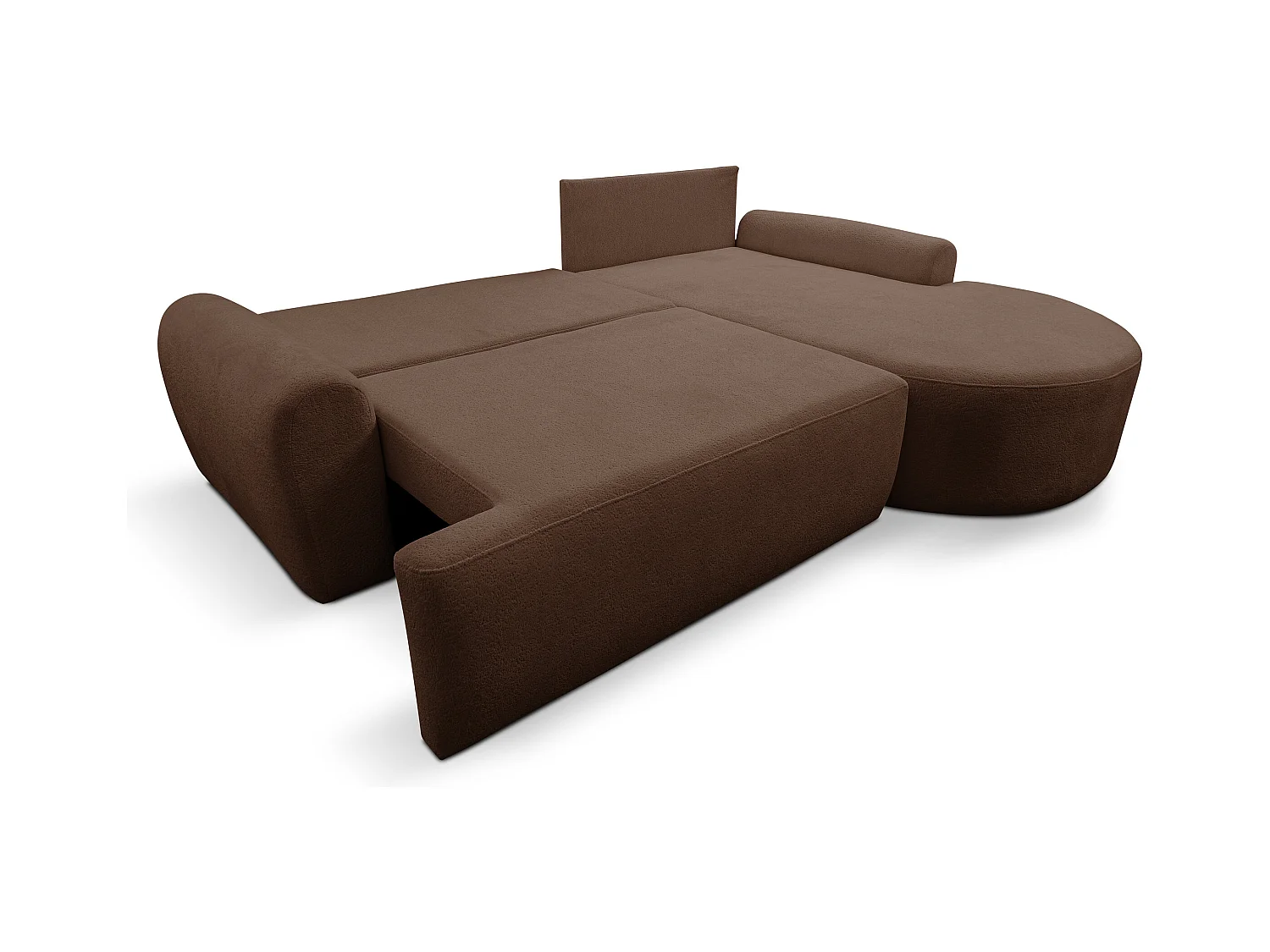 Canapé d'angle Dream avec fonction couchage et coffre de rangement, couleur : brun foncé, tissu bouclé, pouf à droite