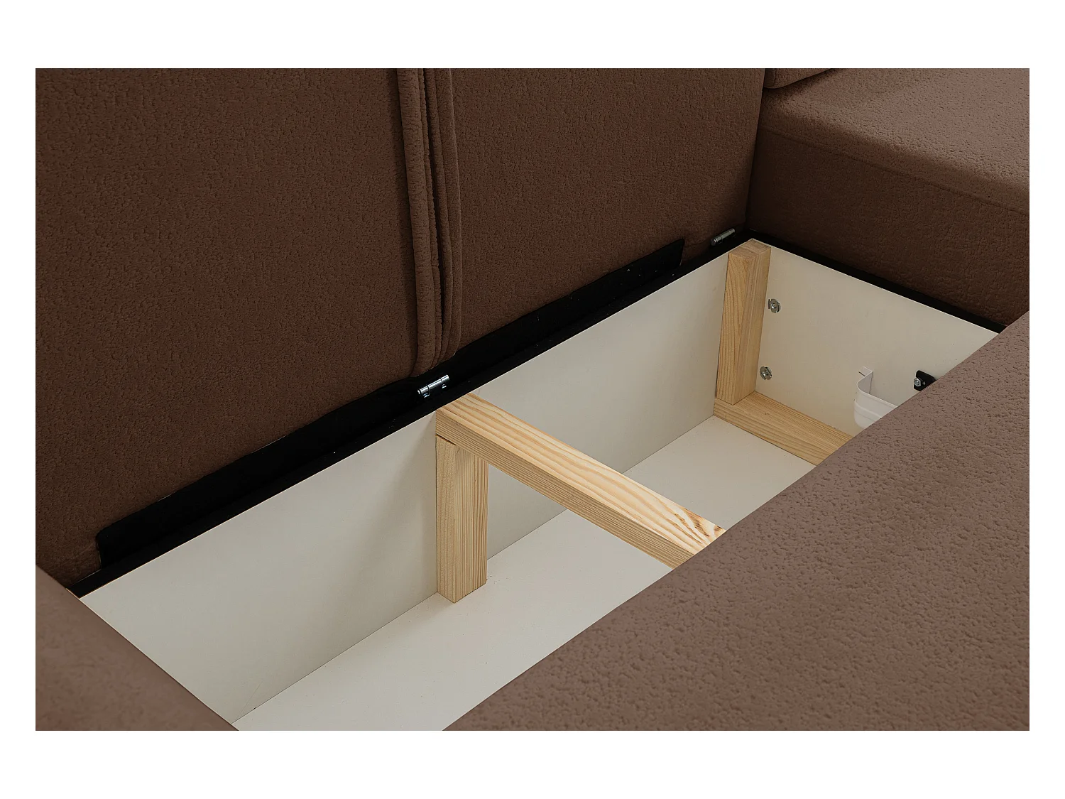 Canapé d'angle Dream avec fonction couchage et coffre de rangement, couleur : brun foncé, tissu bouclé, pouf à droite