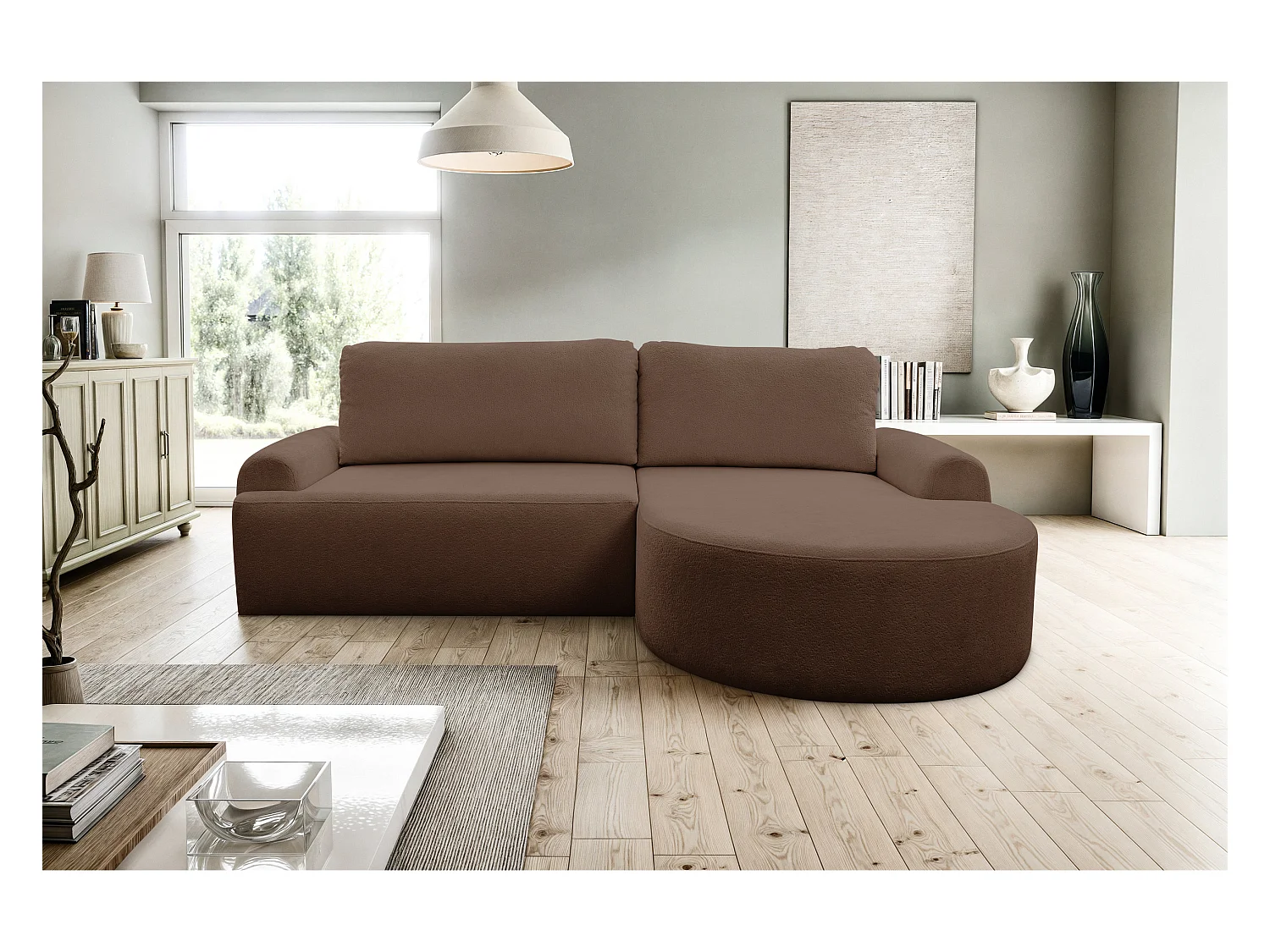 Canapé d'angle Dream avec fonction couchage et coffre de rangement, couleur : brun foncé, tissu bouclé, pouf à droite