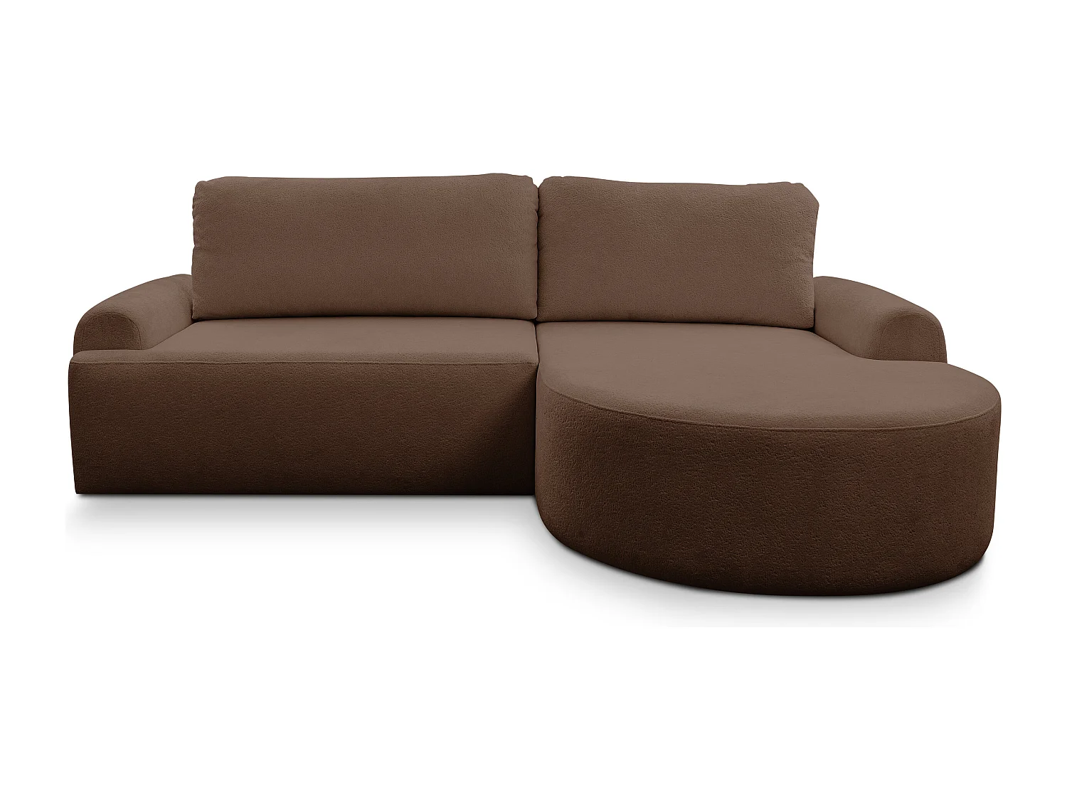 Canapé d'angle Dream avec fonction couchage et coffre de rangement, couleur : brun foncé, tissu bouclé, pouf à droite
