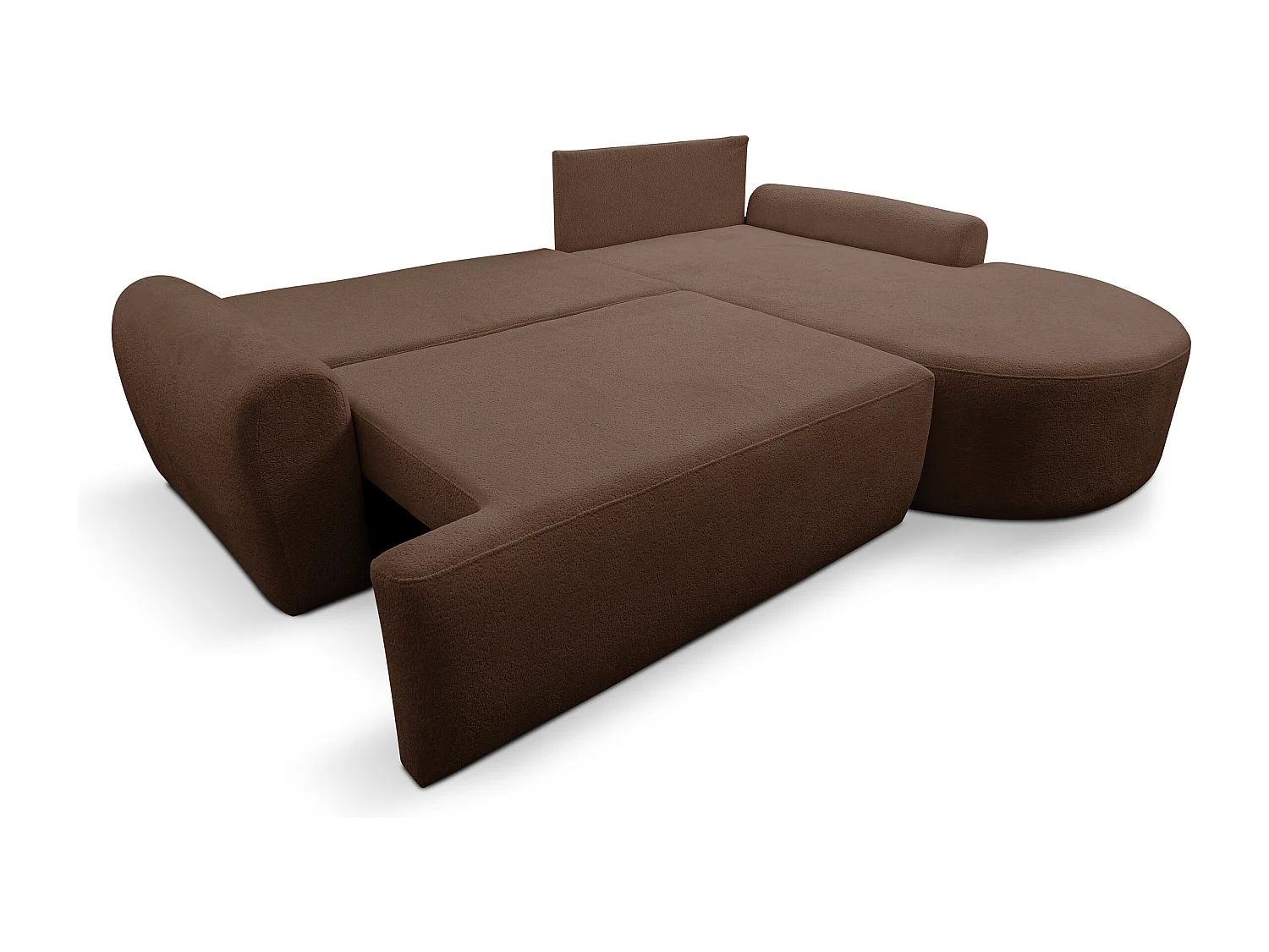 Canapé d'angle Dream avec fonction couchage et coffre de rangement, couleur : brun foncé, tissu bouclé, pouf à droite
