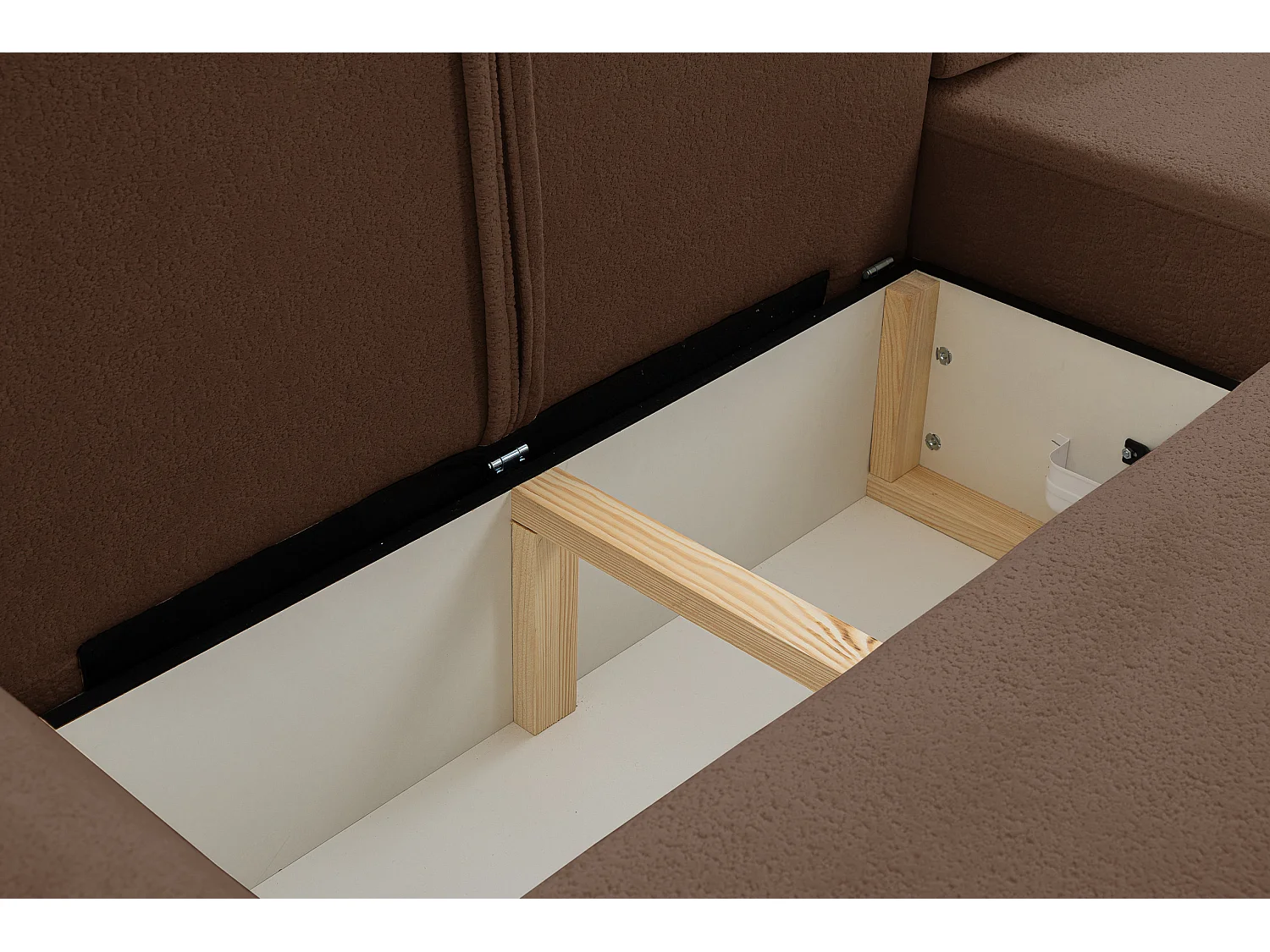 Canapé d'angle Dream avec fonction couchage et coffre de rangement, couleur : brun foncé, tissu bouclé, pouf à droite