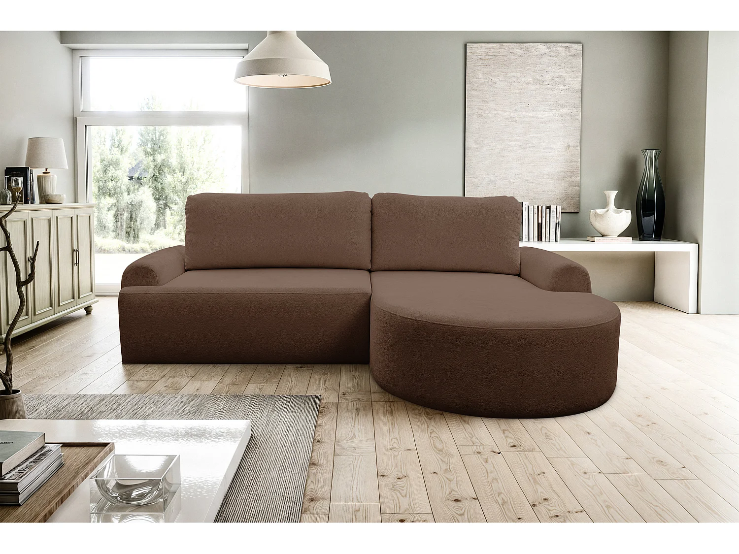 Canapé d'angle Dream avec fonction couchage et coffre de rangement, couleur : brun foncé, tissu bouclé, pouf à droite