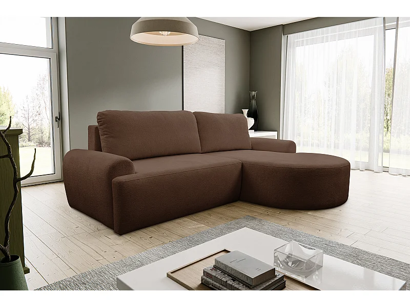 Canapé d'angle Dream avec fonction couchage et coffre de rangement, couleur : brun foncé, tissu bouclé, pouf à droite