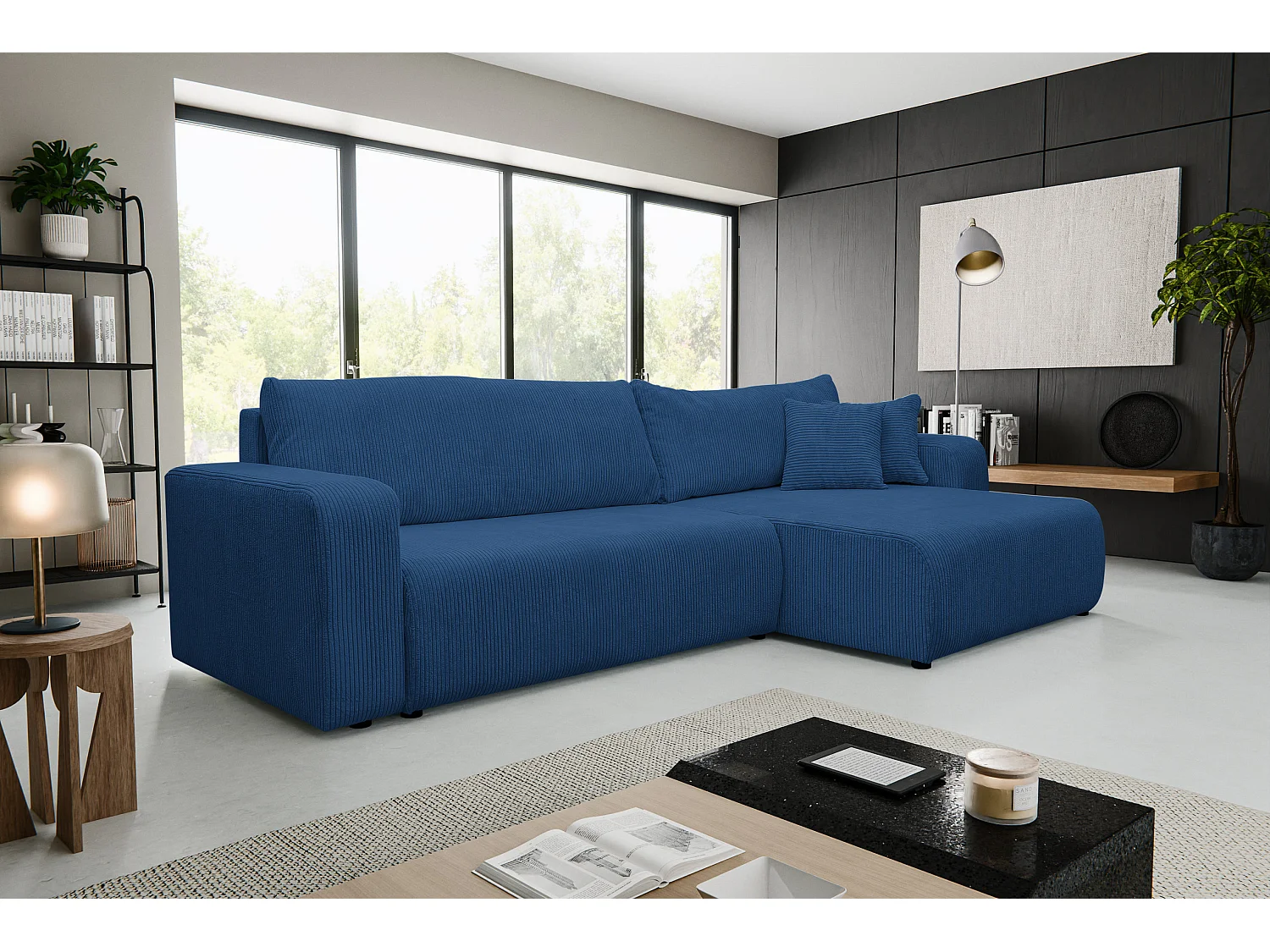 Canapé d'angle Luna XL avec fonction couchage et coffre de rangement, couleur : bleu, tissu cordé, ottomane à gauche ou à droite