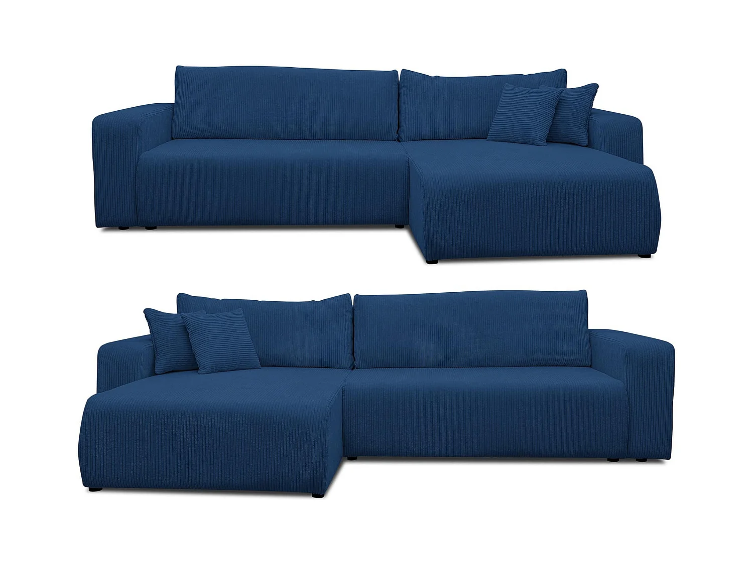 Canapé d'angle Luna XL avec fonction couchage et coffre de rangement, couleur : bleu, tissu cordé, ottomane à gauche ou à droite