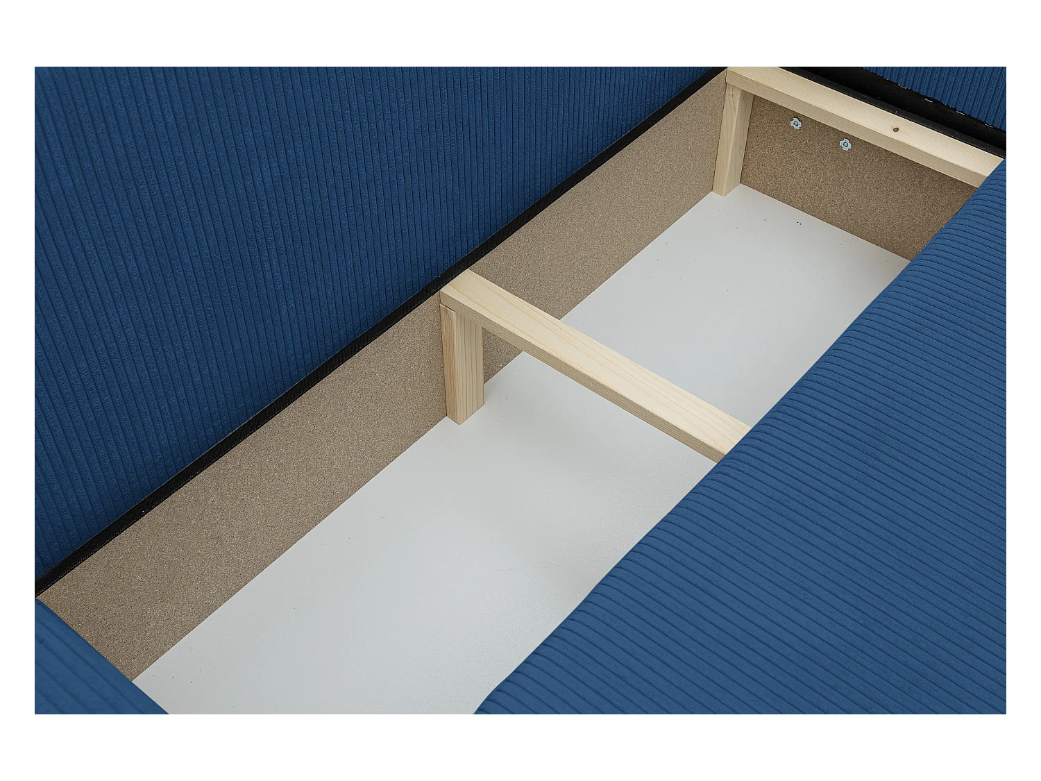 Canapé d'angle Luna XL avec fonction couchage et coffre de rangement, couleur : bleu, tissu cordé, ottomane à gauche ou à droite