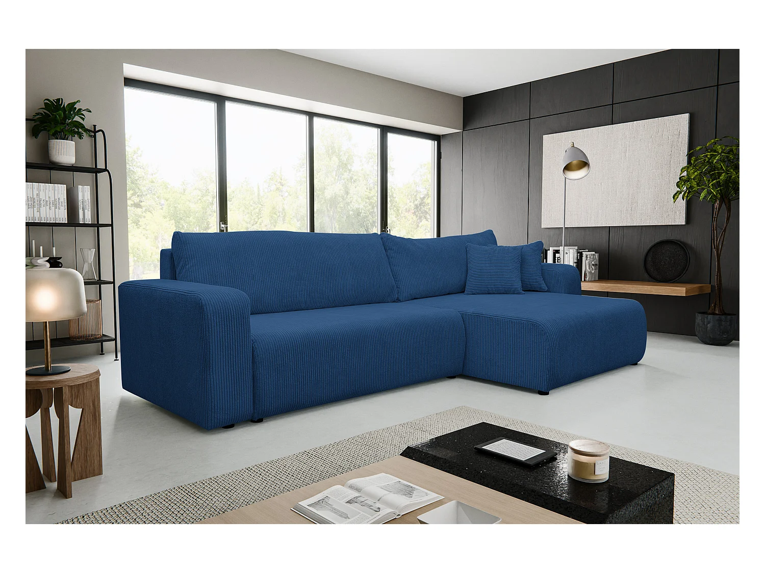 Hoekbank Luna XL, hoekbank in L-vorm met slaapfunctie en bedbak, kleur: blauw, corduroy, ottomane links of rechts