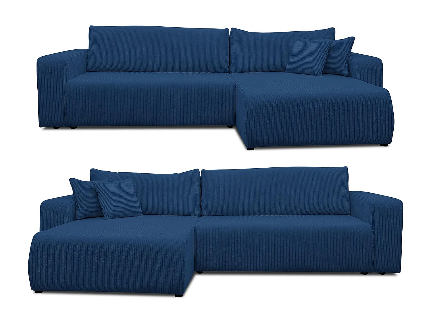 Canapé d'angle Luna XL avec fonction couchage et coffre de rangement, couleur : bleu, tissu cordé, ottomane à gauche ou à droite