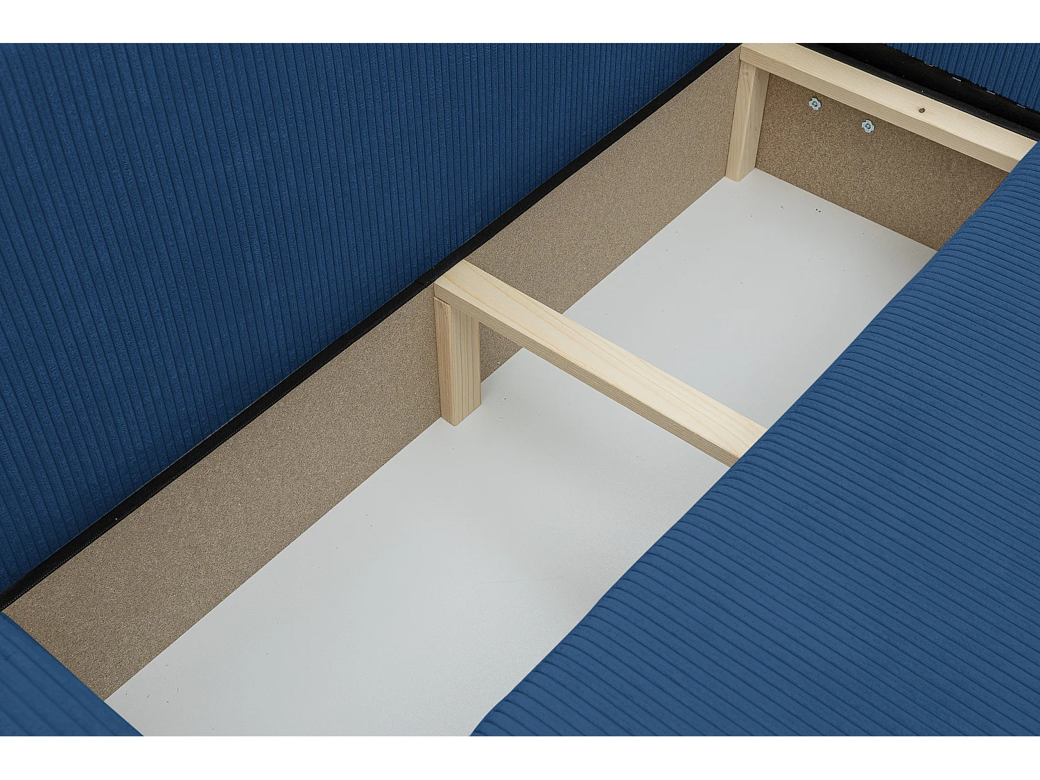 Canapé d'angle Luna XL avec fonction couchage et coffre de rangement, couleur : bleu, tissu cordé, ottomane à gauche ou à droite