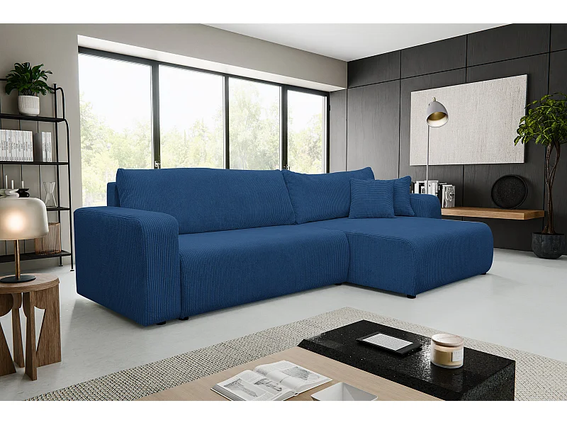 Canapé d'angle Luna XL avec fonction couchage et coffre de rangement, couleur : bleu, tissu cordé, ottomane à gauche ou à droite
