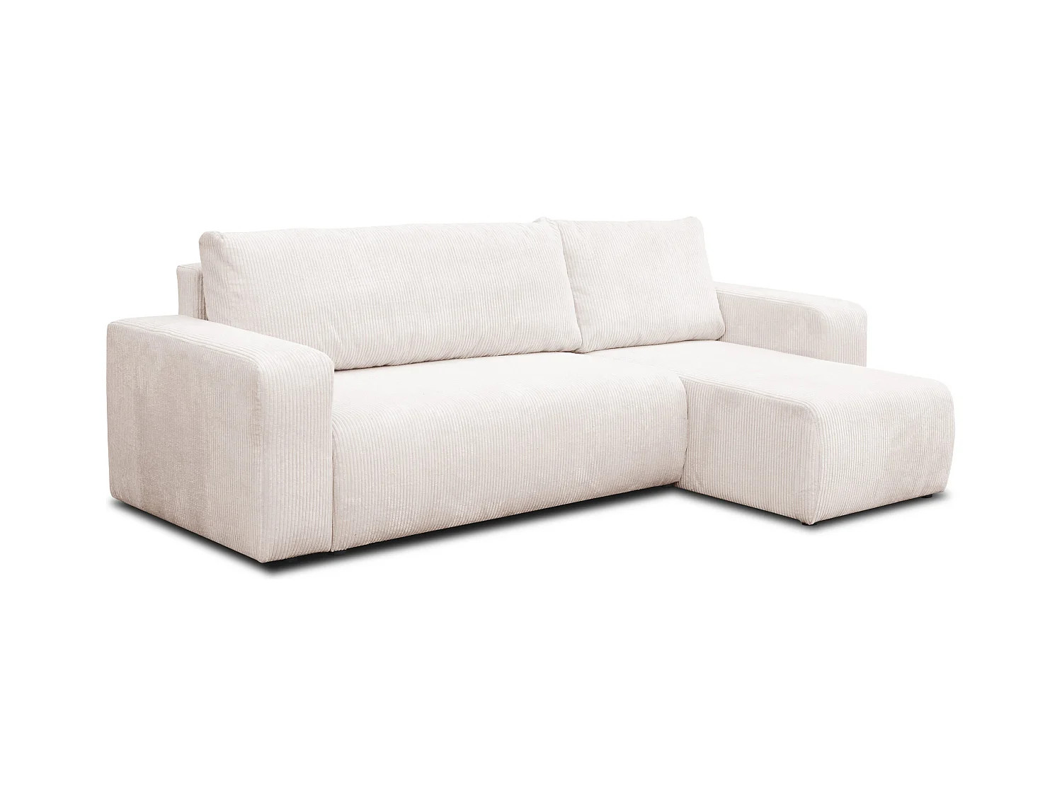 Canapé d'angle Luna L avec fonction de couchage et coffre de rangement, couleur : beige, tissu cordé, pouf universel