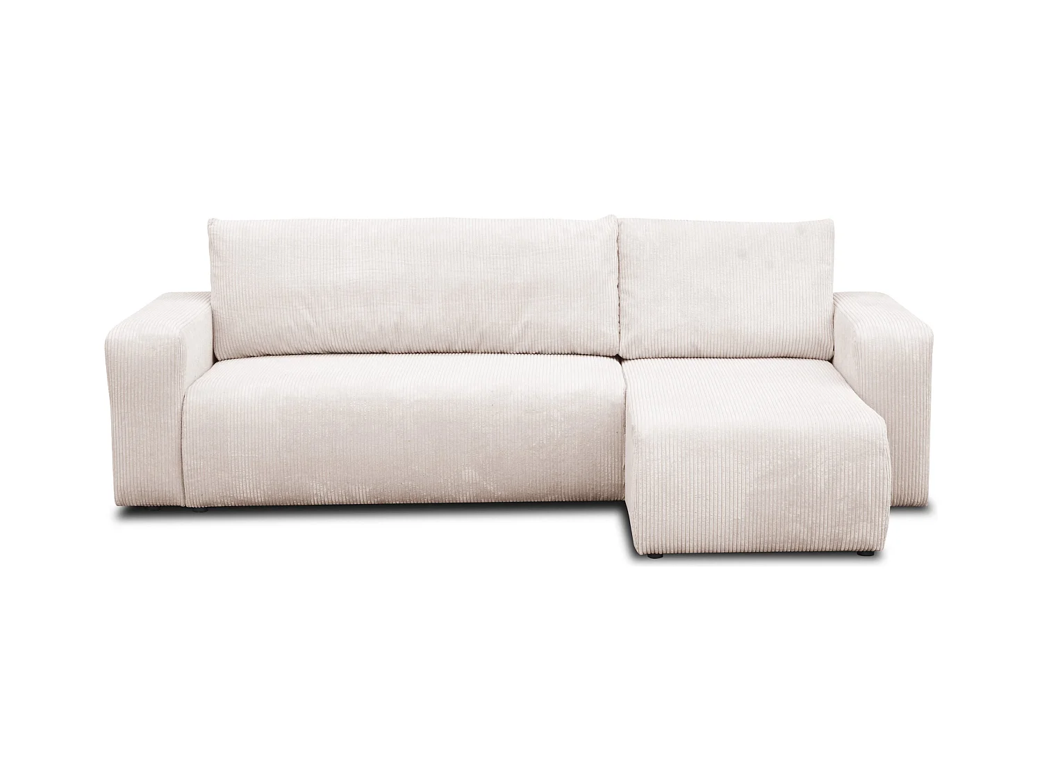 Canapé d'angle Luna L avec fonction de couchage et coffre de rangement, couleur : beige, tissu cordé, pouf universel