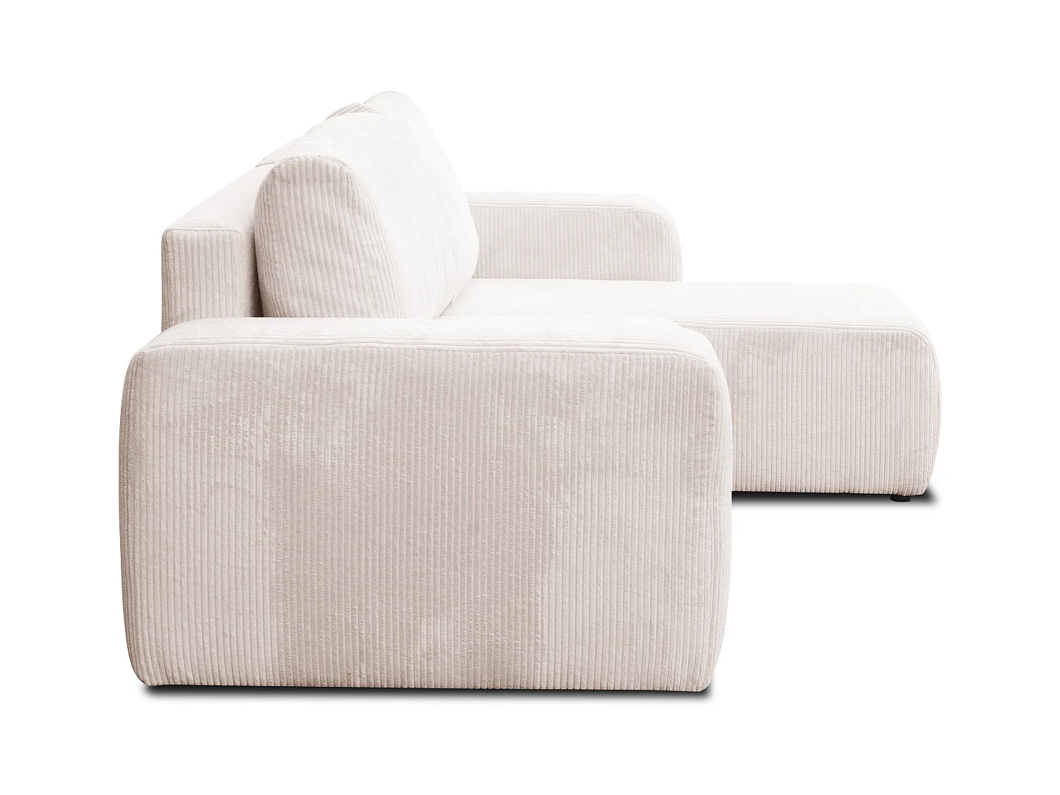 Canapé d'angle Luna L avec fonction de couchage et coffre de rangement, couleur : beige, tissu cordé, pouf universel