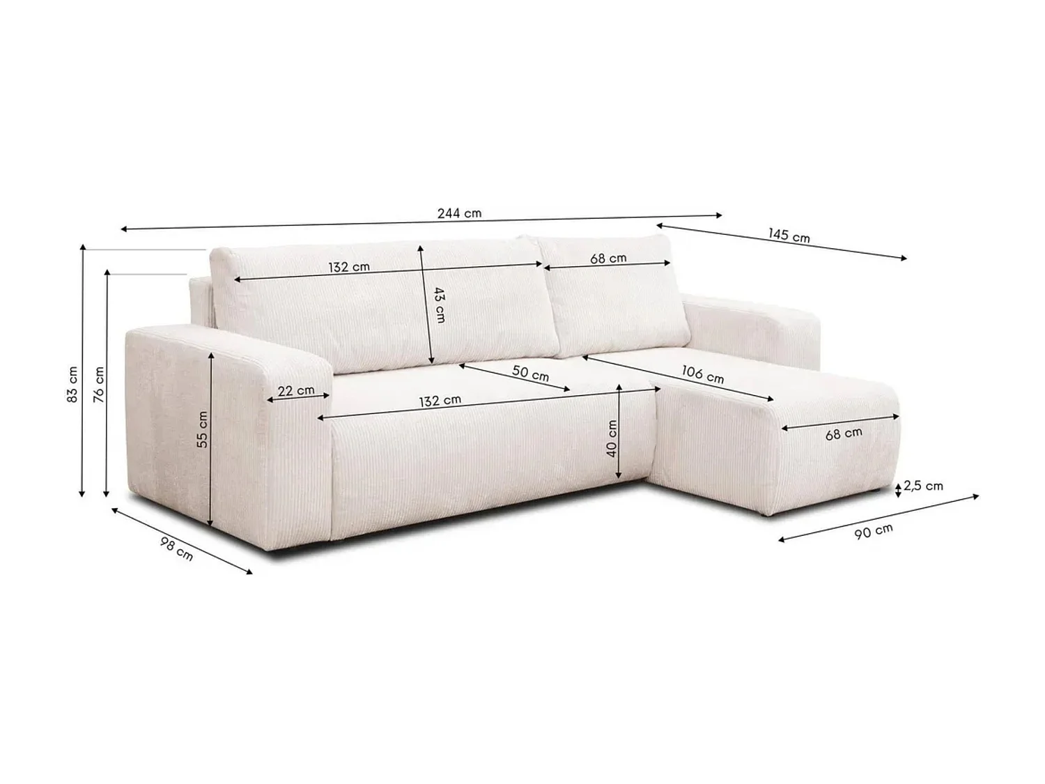 Canapé d'angle Luna L avec fonction de couchage et coffre de rangement, couleur : beige, tissu cordé, pouf universel