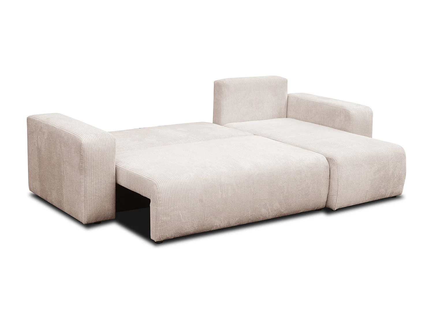 Canapé d'angle Luna L avec fonction de couchage et coffre de rangement, couleur : beige, tissu cordé, pouf universel