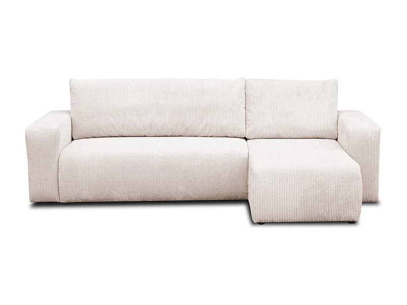 Canapé d'angle Luna L avec fonction de couchage et coffre de rangement, couleur : beige, tissu cordé, pouf universel