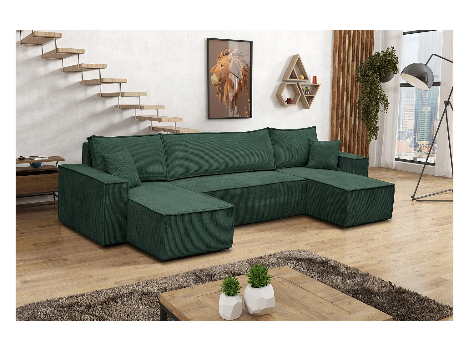 Ensemble de salon Hugo U, canapé en U avec fonction couchage et coffre de rangement, couleur : vert, tissu cordé