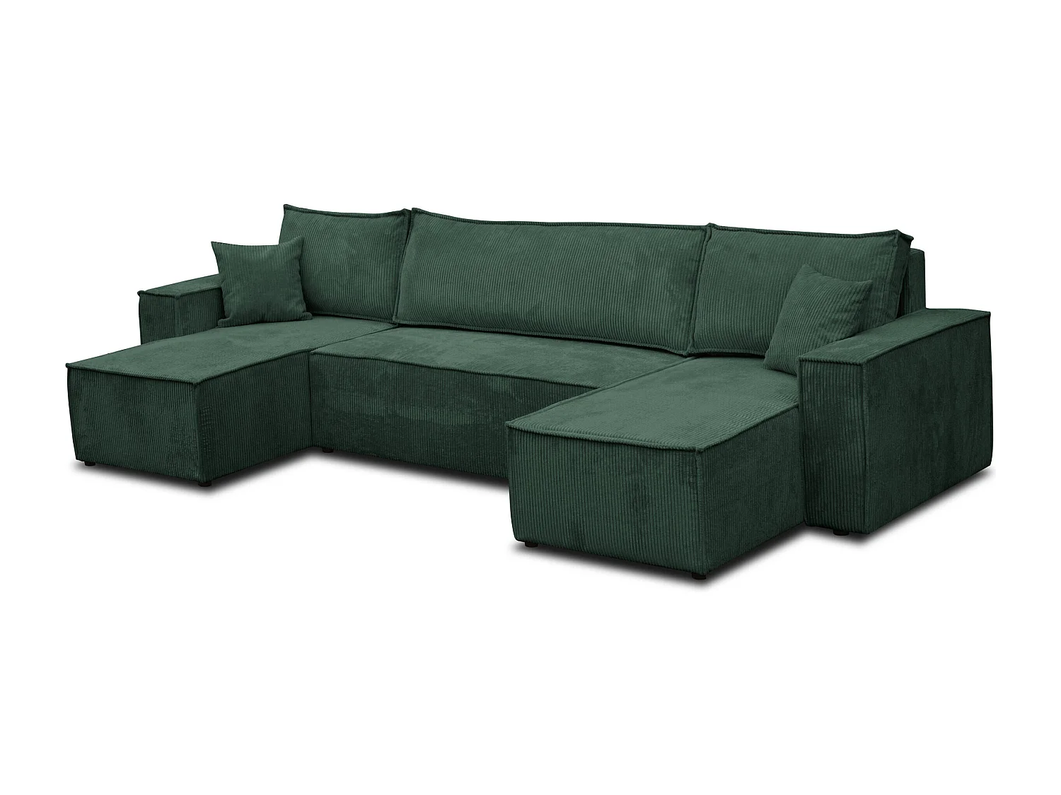 Ensemble de salon Hugo U, canapé en U avec fonction couchage et coffre de rangement, couleur : vert, tissu cordé