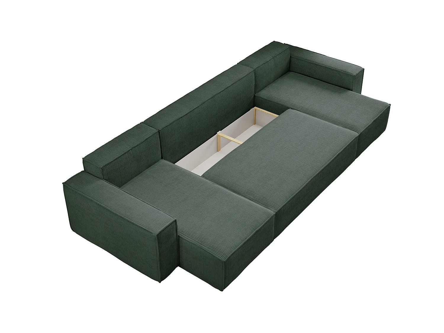 Ensemble de salon Hugo U, canapé en U avec fonction couchage et coffre de rangement, couleur : vert, tissu cordé