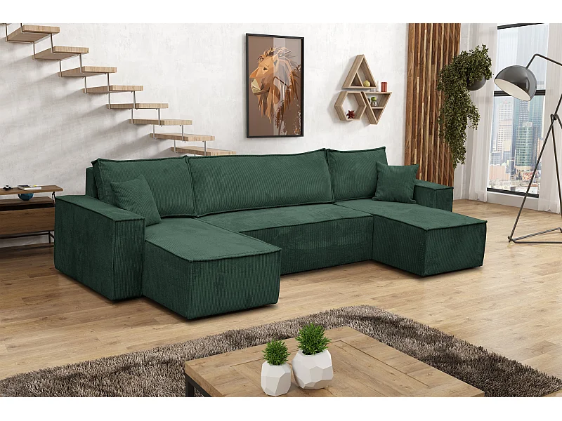 Ensemble de salon Hugo U, canapé en U avec fonction couchage et coffre de rangement, couleur : vert, tissu cordé