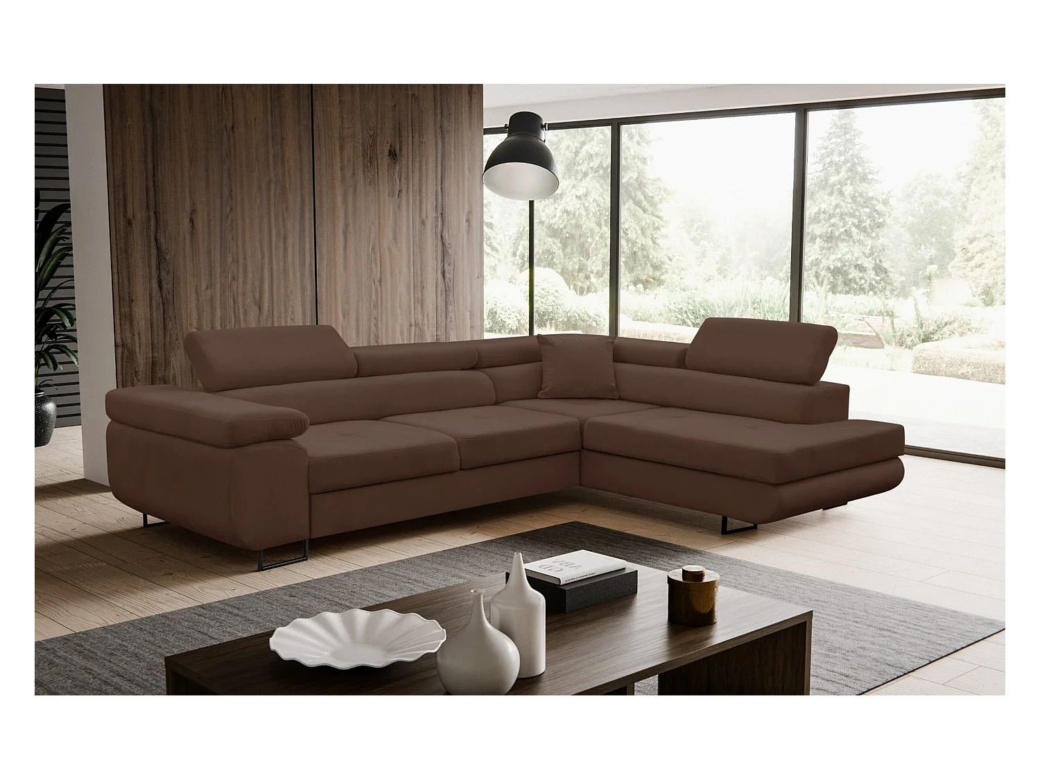 Canapé d'angle Jerry avec fonction couchage et coffre de rangement, couleur : marron, tissu velours, pouf à droite