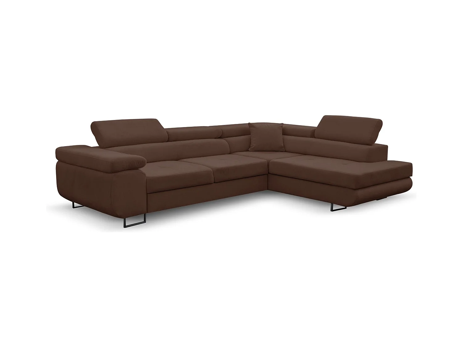 Canapé d'angle Jerry avec fonction couchage et coffre de rangement, couleur : marron, tissu velours, pouf à droite