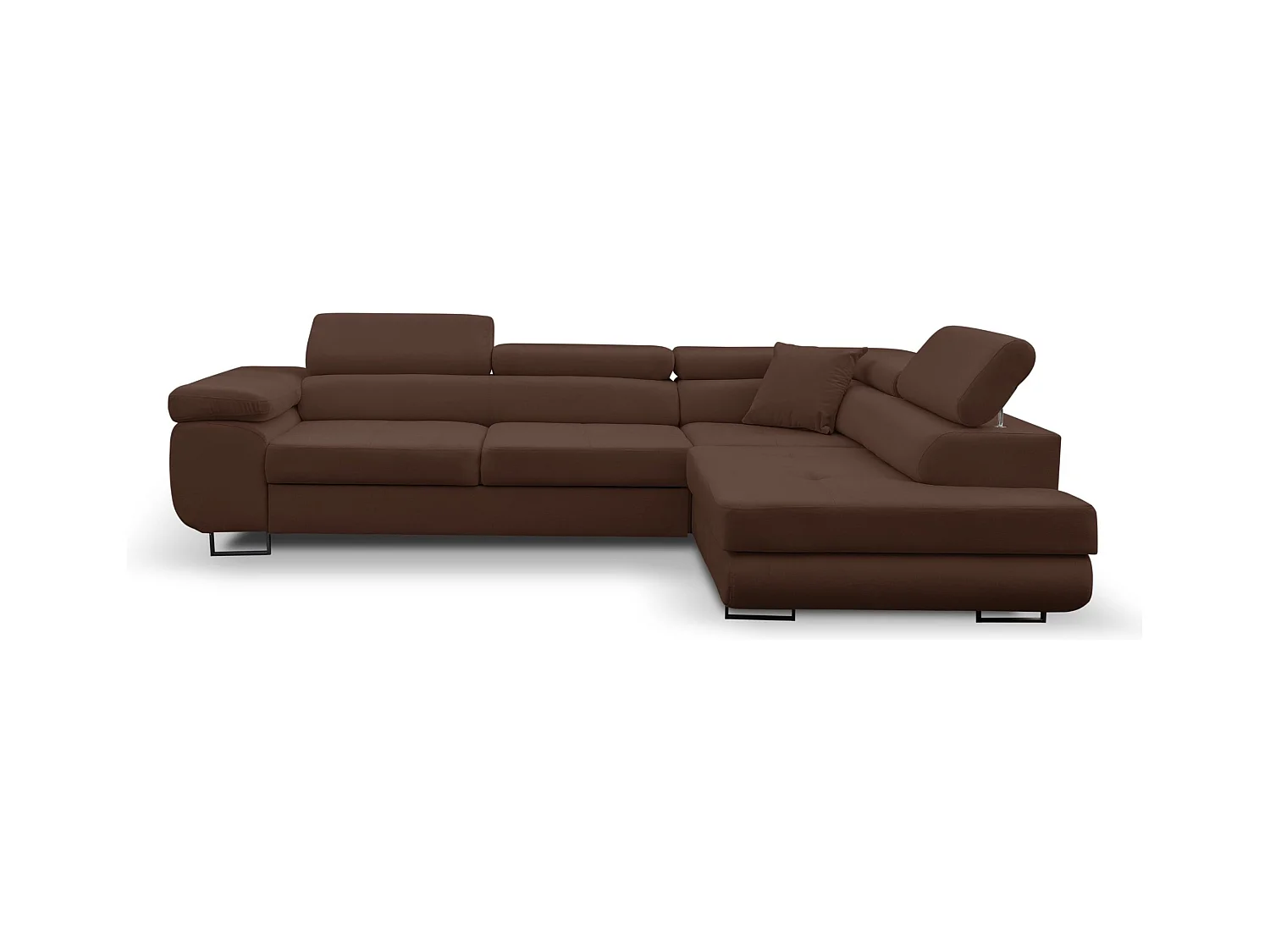 Canapé d'angle Jerry avec fonction couchage et coffre de rangement, couleur : marron, tissu velours, pouf à droite