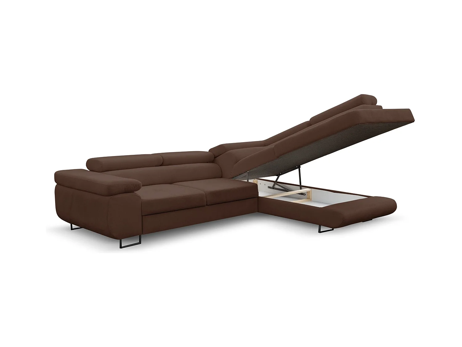 Canapé d'angle Jerry avec fonction couchage et coffre de rangement, couleur : marron, tissu velours, pouf à droite