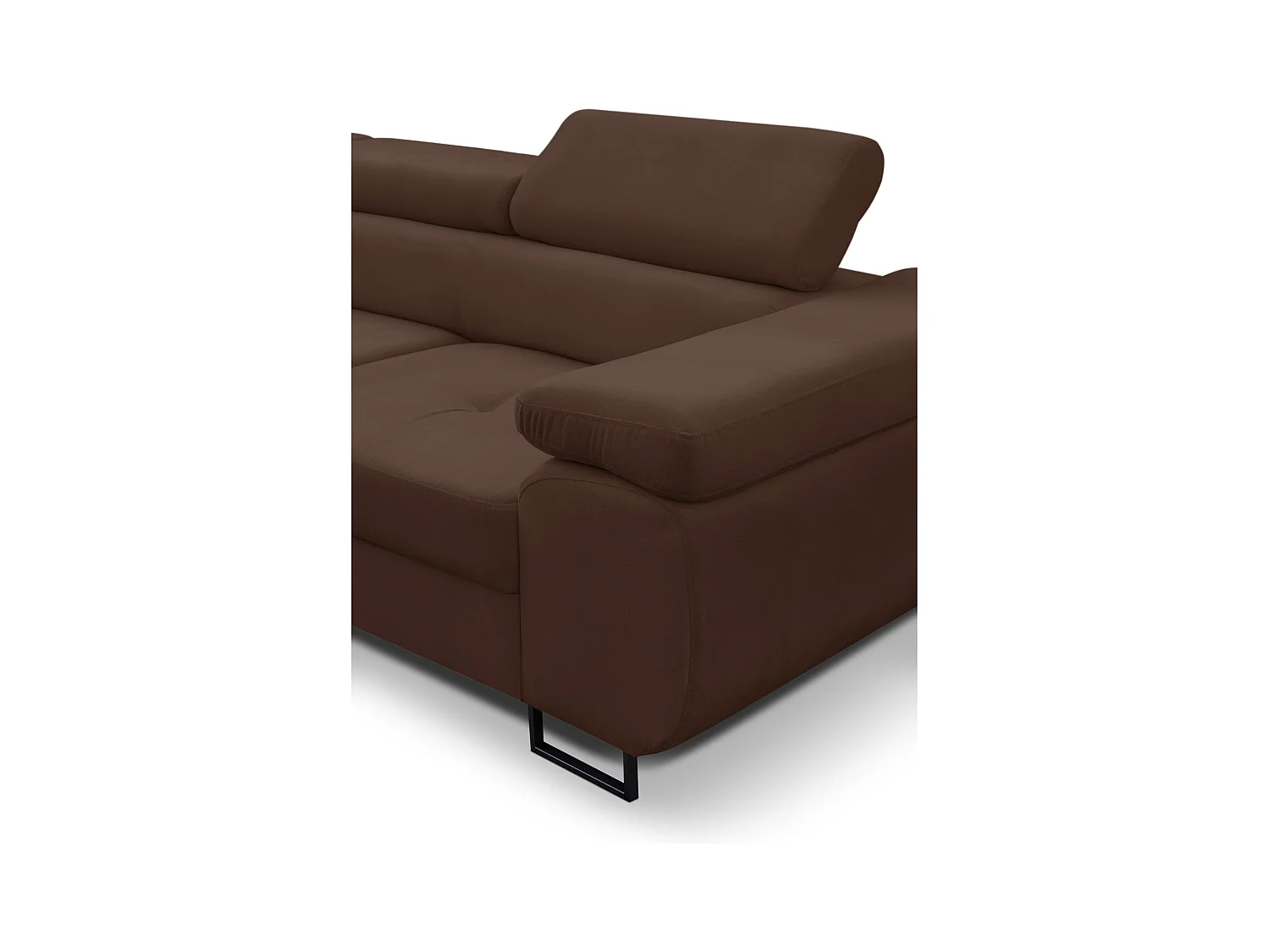 Canapé d'angle Jerry avec fonction couchage et coffre de rangement, couleur : marron, tissu velours, pouf à droite