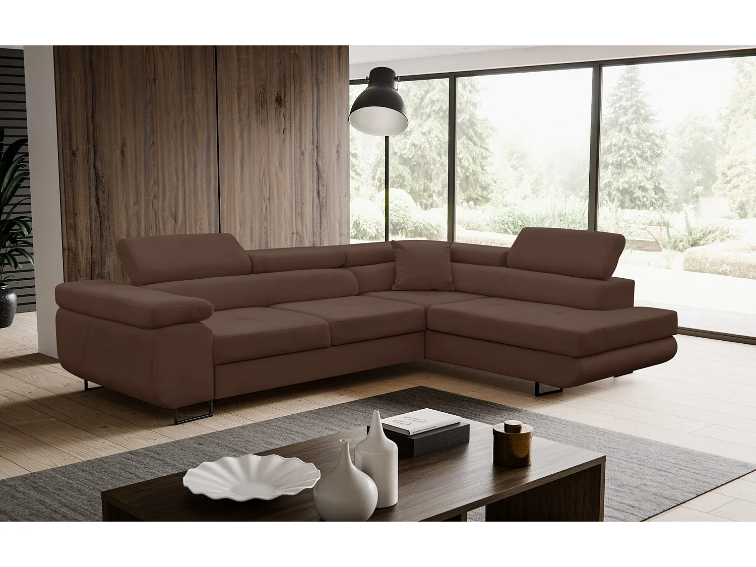 Canapé d'angle Jerry avec fonction couchage et coffre de rangement, couleur : marron, tissu velours, pouf à droite