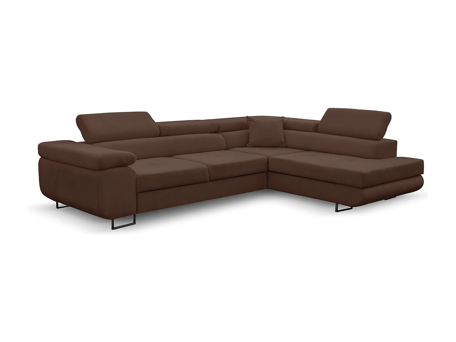 Canapé d'angle Jerry avec fonction couchage et coffre de rangement, couleur : marron, tissu velours, pouf à droite