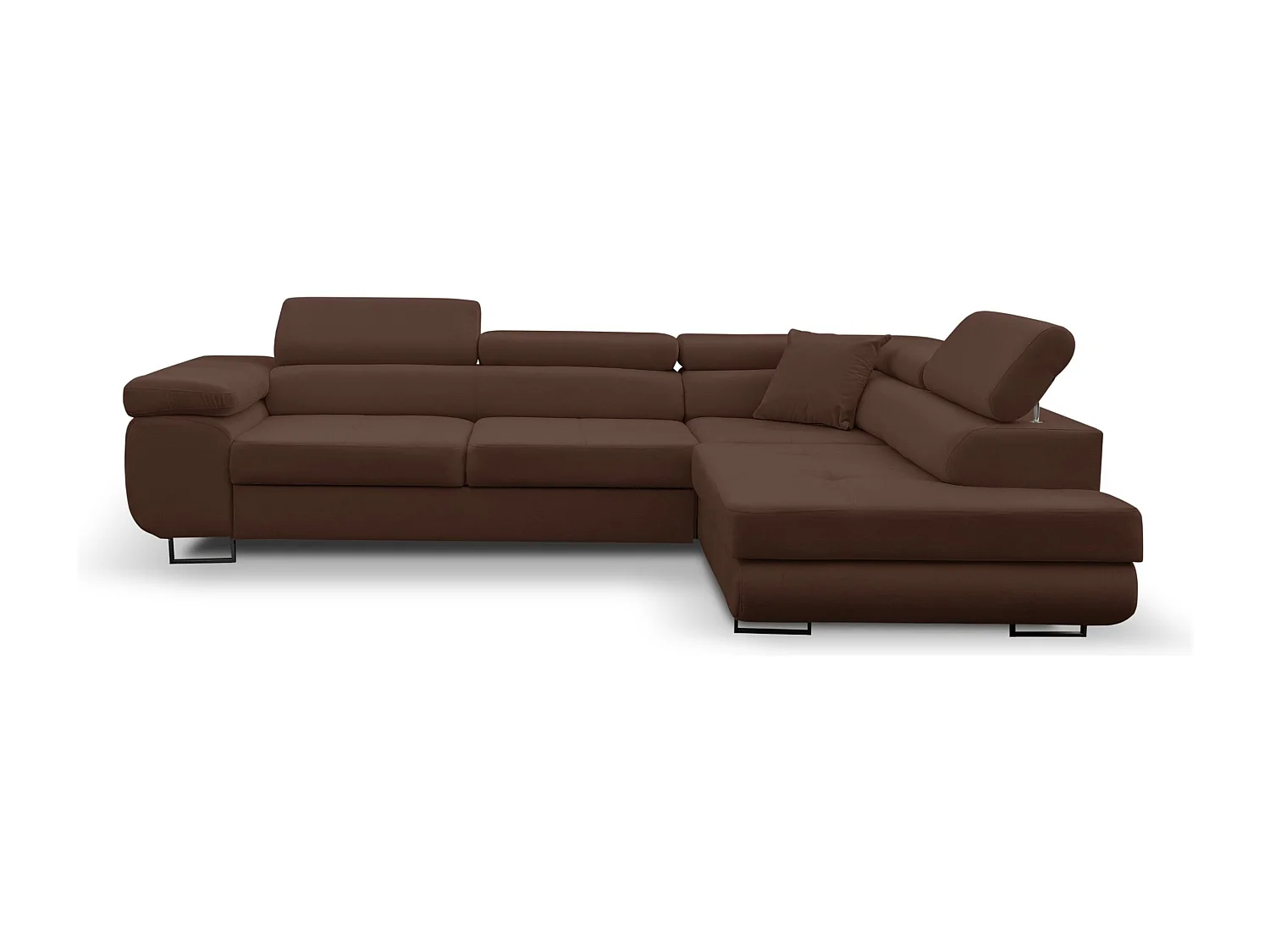 Canapé d'angle Jerry avec fonction couchage et coffre de rangement, couleur : marron, tissu velours, pouf à droite