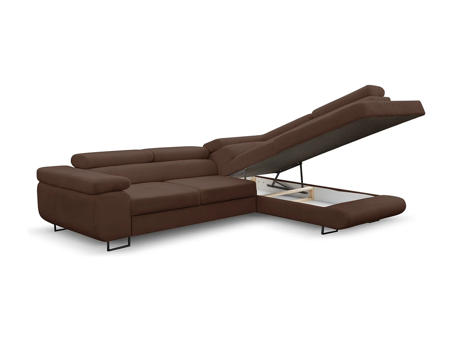 Canapé d'angle Jerry avec fonction couchage et coffre de rangement, couleur : marron, tissu velours, pouf à droite