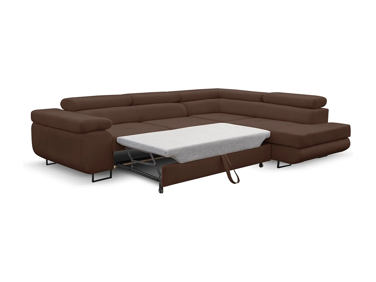 Canapé d'angle Jerry avec fonction couchage et coffre de rangement, couleur : marron, tissu velours, pouf à droite