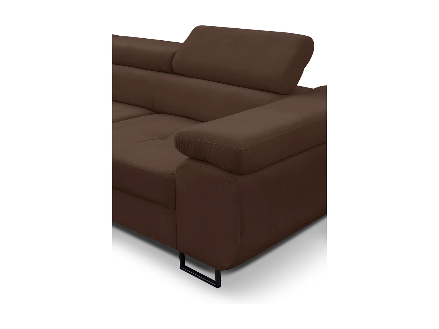 Canapé d'angle Jerry avec fonction couchage et coffre de rangement, couleur : marron, tissu velours, pouf à droite