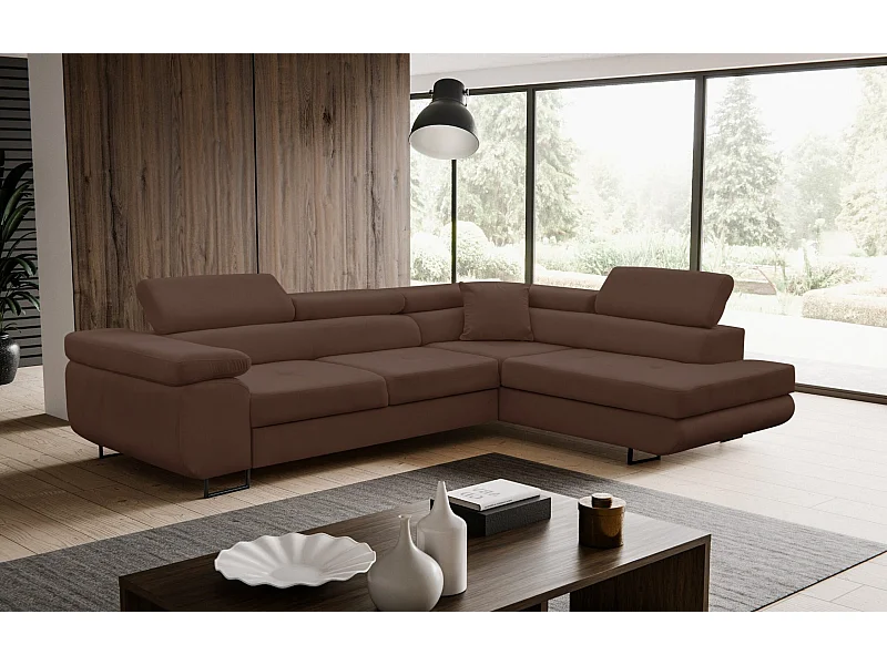 Canapé d'angle Jerry avec fonction couchage et coffre de rangement, couleur : marron, tissu velours, pouf à droite