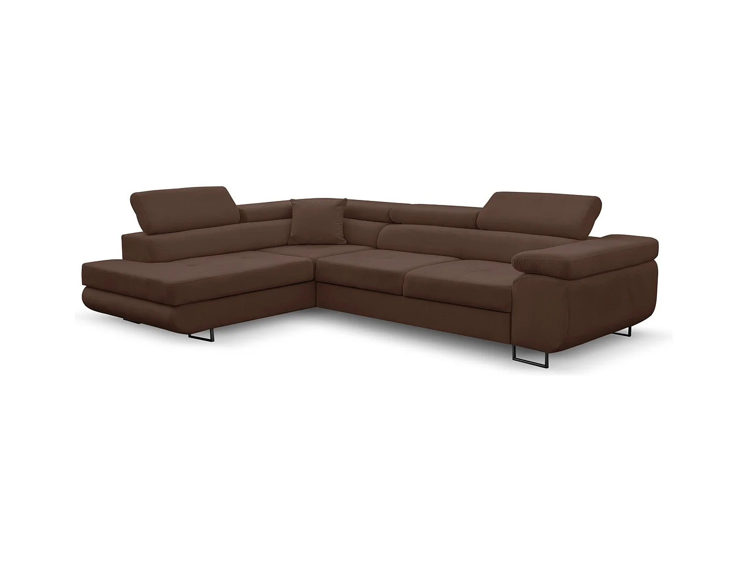 Canapé d'angle Jerry avec fonction couchage et coffre de rangement, couleur : marron, tissu velours, pouf à gauche