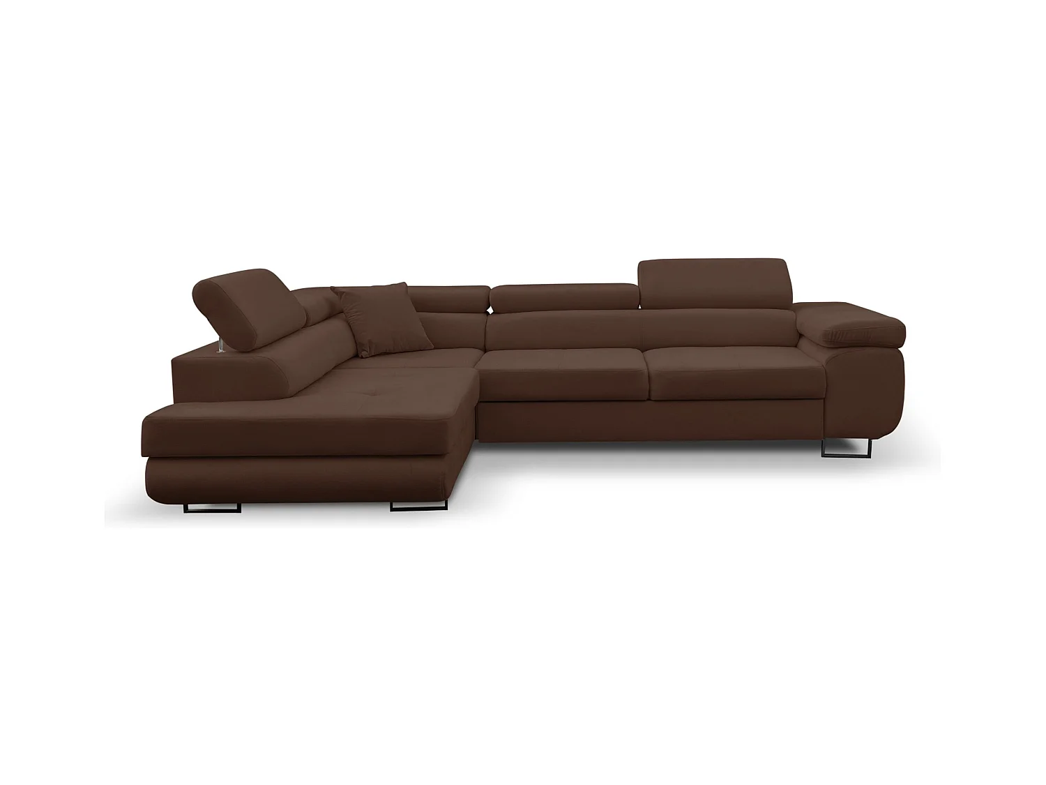 Canapé d'angle Jerry avec fonction couchage et coffre de rangement, couleur : marron, tissu velours, pouf à gauche