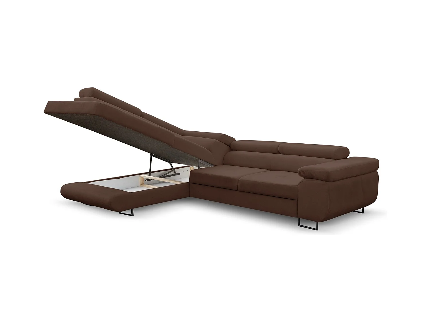 Canapé d'angle Jerry avec fonction couchage et coffre de rangement, couleur : marron, tissu velours, pouf à gauche