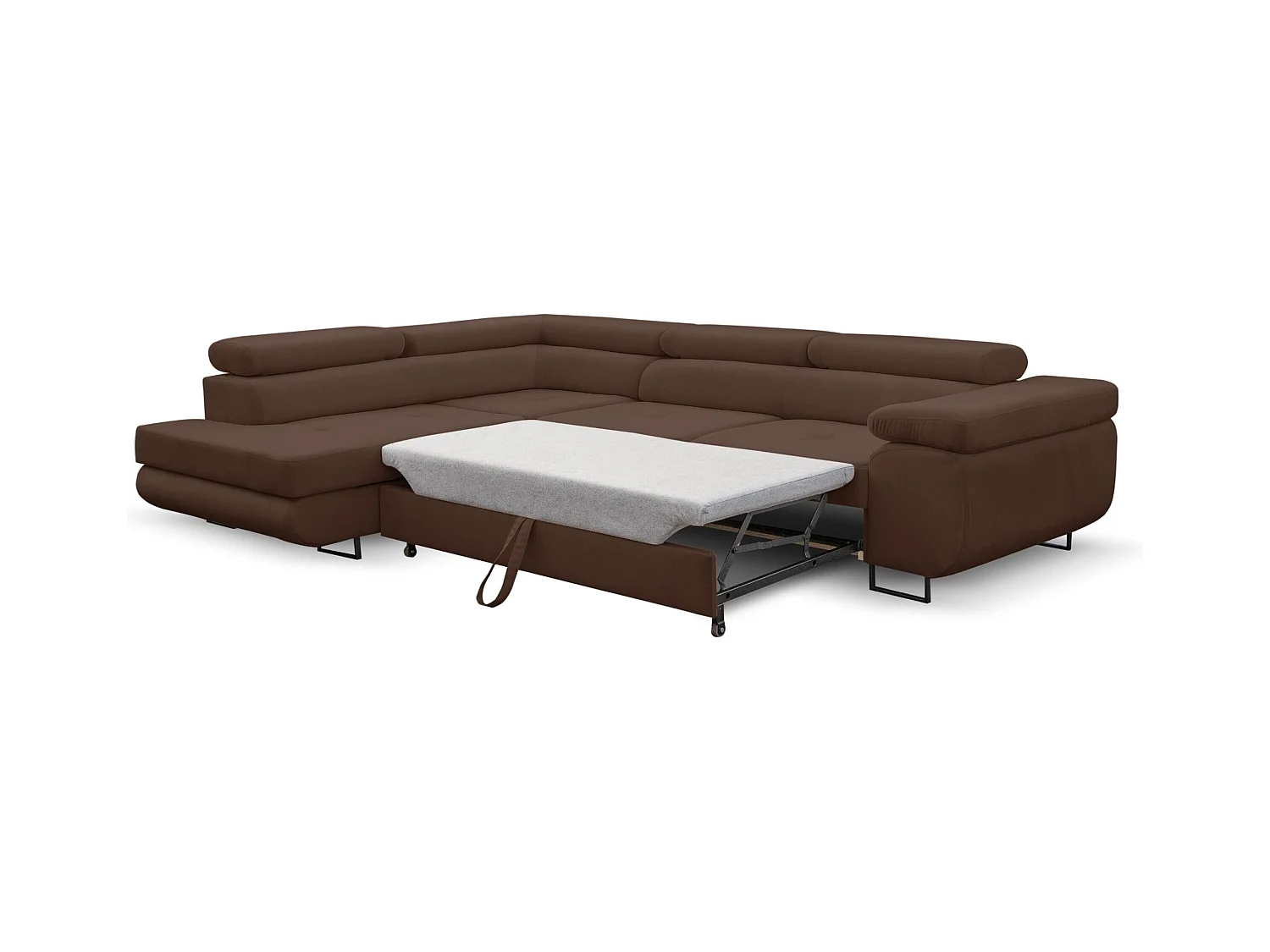 Canapé d'angle Jerry avec fonction couchage et coffre de rangement, couleur : marron, tissu velours, pouf à gauche