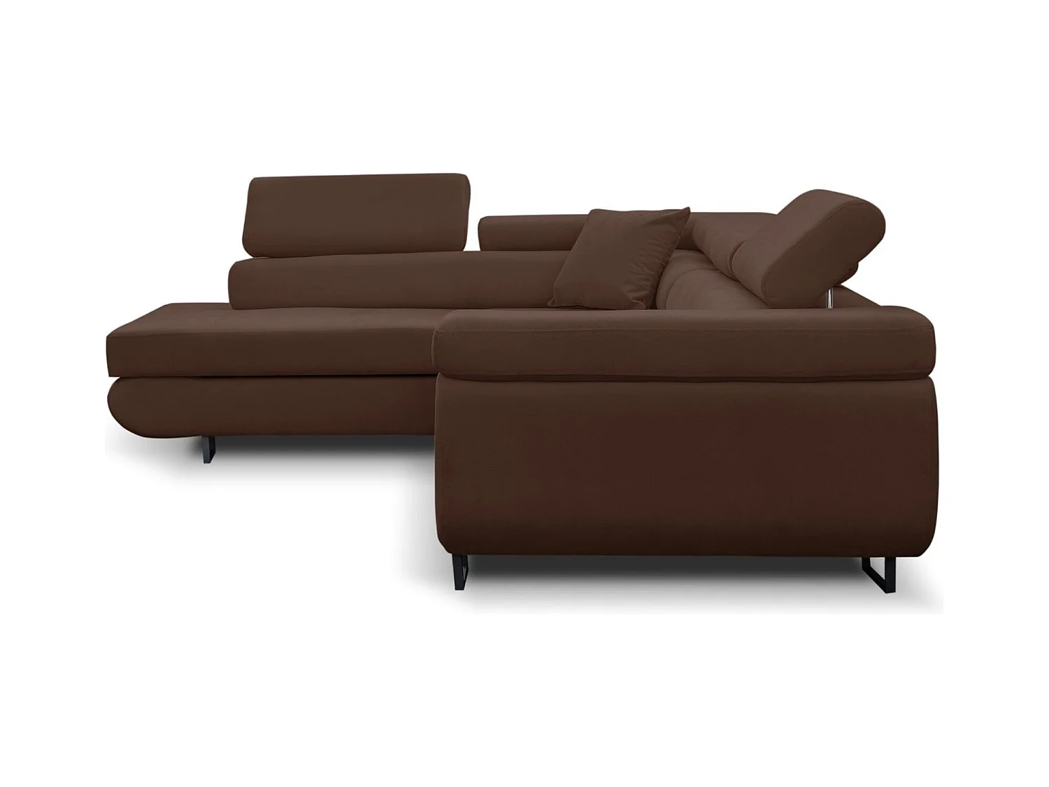 Canapé d'angle Jerry avec fonction couchage et coffre de rangement, couleur : marron, tissu velours, pouf à gauche