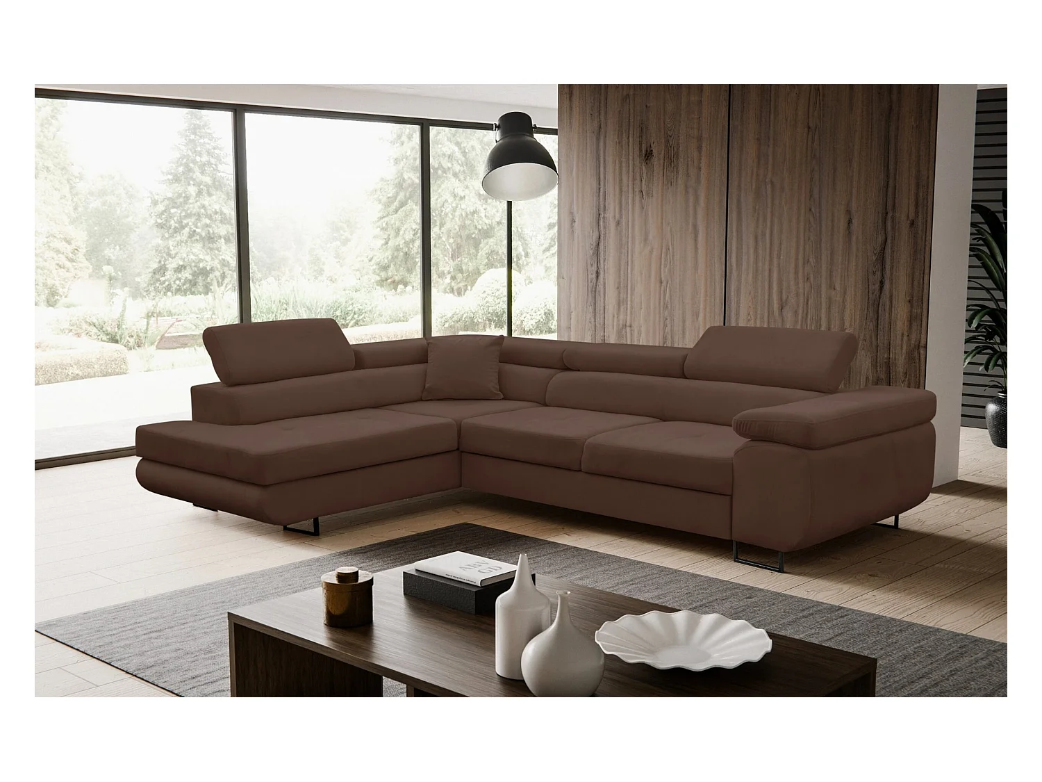 Canapé d'angle Jerry avec fonction couchage et coffre de rangement, couleur : marron, tissu velours, pouf à gauche