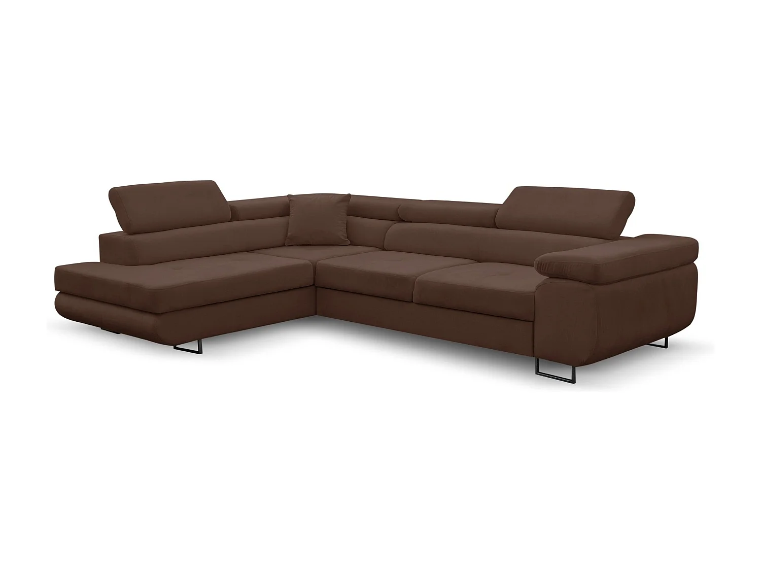 Canapé d'angle Jerry avec fonction couchage et coffre de rangement, couleur : marron, tissu velours, pouf à gauche