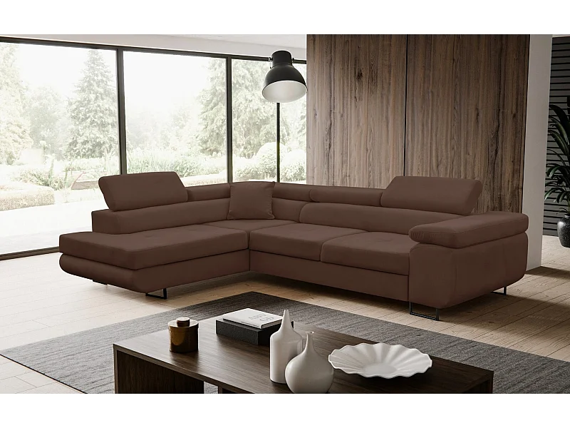 Canapé d'angle Jerry avec fonction couchage et coffre de rangement, couleur : marron, tissu velours, pouf à gauche