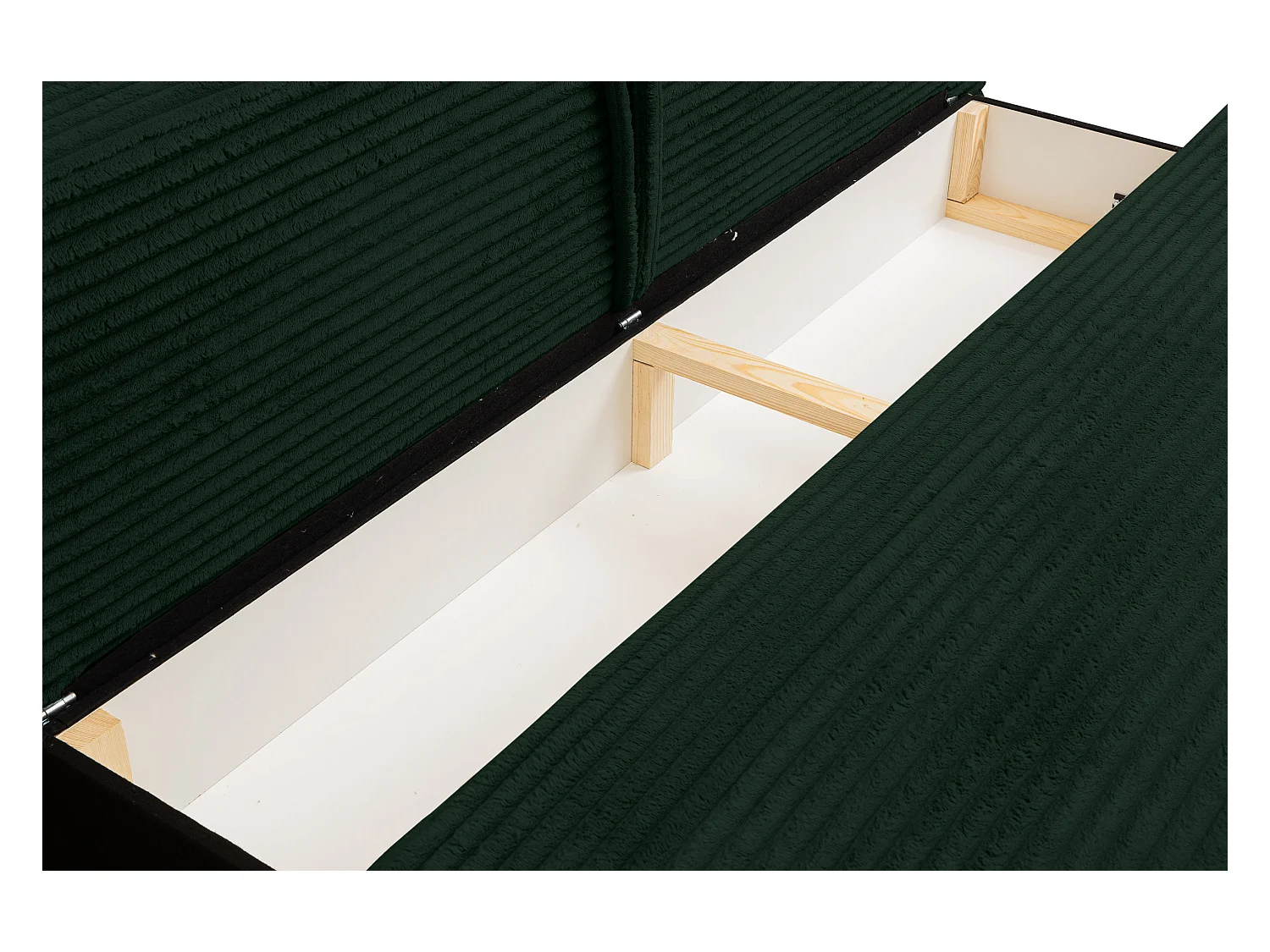 Canapé-lit Etna, canapé avec fonction couchage et coffre de rangement, couleur : vert, tissu velours côtelé, pouf universel