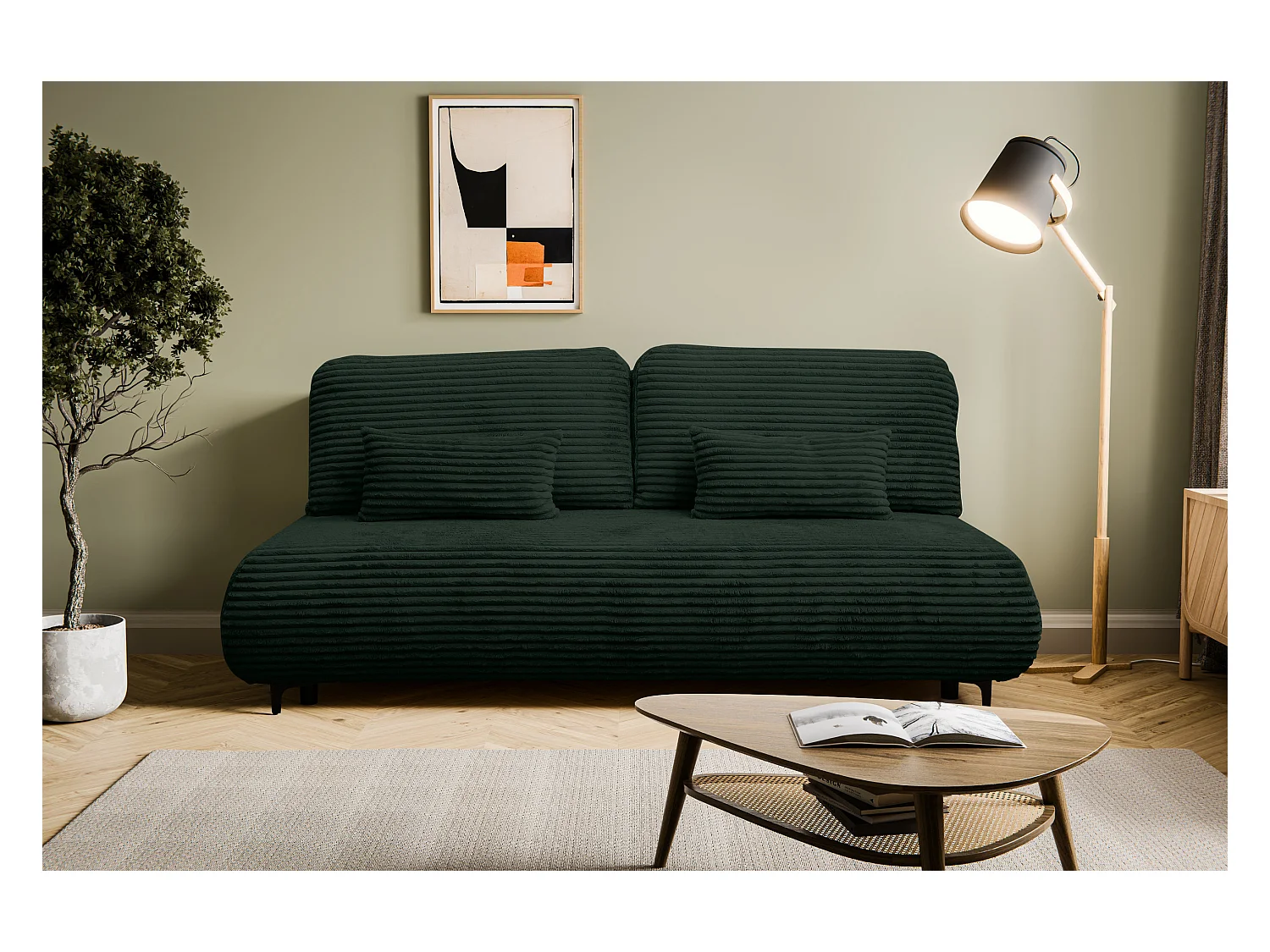 Canapé-lit Etna, canapé avec fonction couchage et coffre de rangement, couleur : vert, tissu velours côtelé, pouf universel