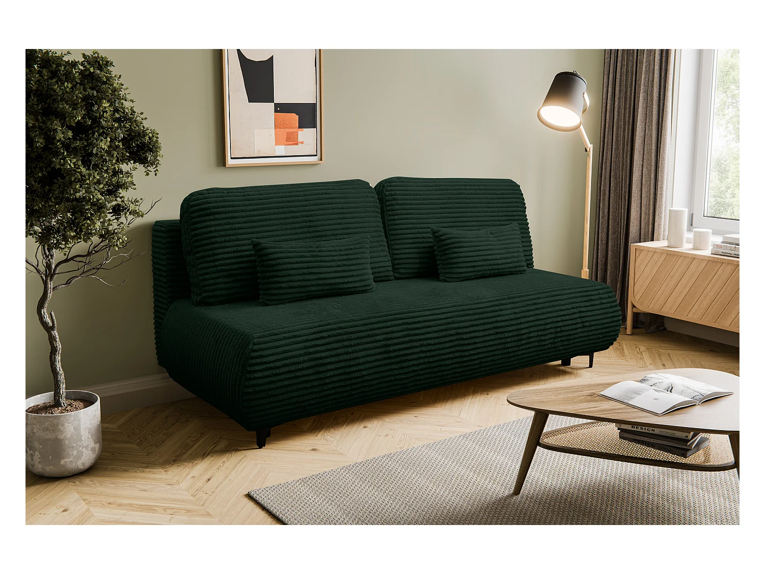 Canapé-lit Etna, canapé avec fonction couchage et coffre de rangement, couleur : vert, tissu velours côtelé, pouf universel