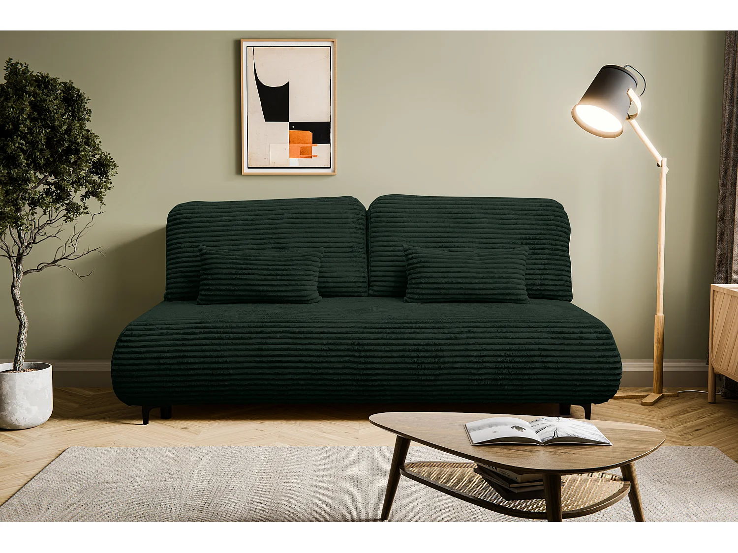 Canapé-lit Etna, canapé avec fonction couchage et coffre de rangement, couleur : vert, tissu velours côtelé, pouf universel