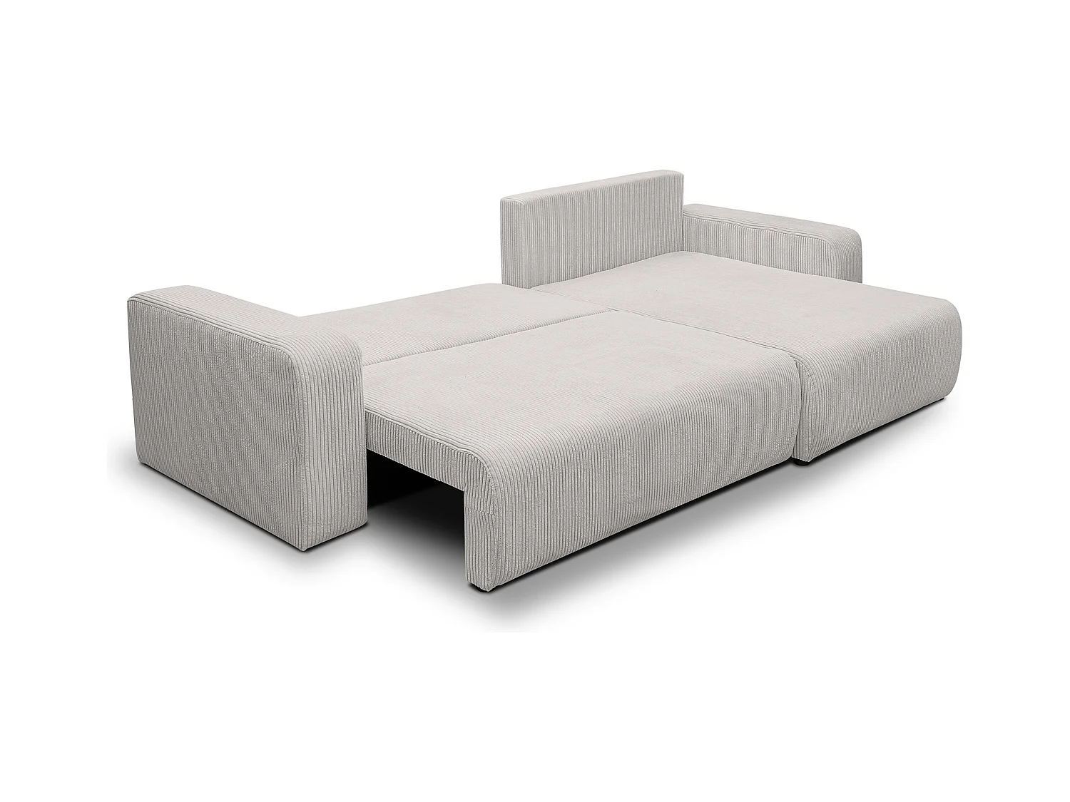 Canapé d'angle Luna XL avec fonction de couchage et coffre de rangement, couleur : gris clair, tissu cordé, pouf à gauche ou à droite